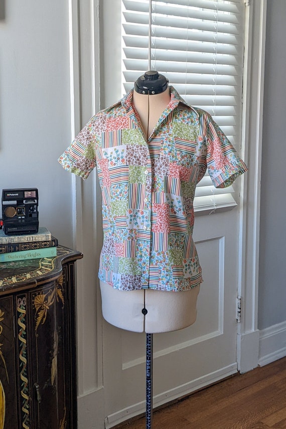 80s Multicolor Floral Patchwork Button Down Short… - image 1