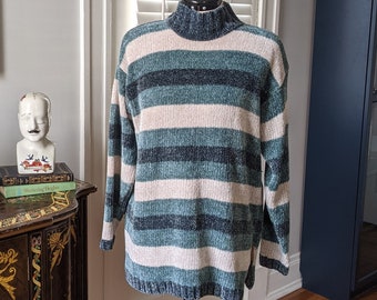 90s Teal Blue Striped Mock Neck Soft Sweater by Paul Harris Design