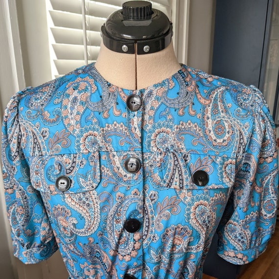 80s Blue Paisley Petite Midi Dress with Matching … - image 5