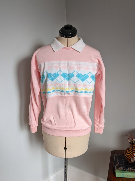 80s 90s Comfy Pastel Pink with Heart Pattern Colla