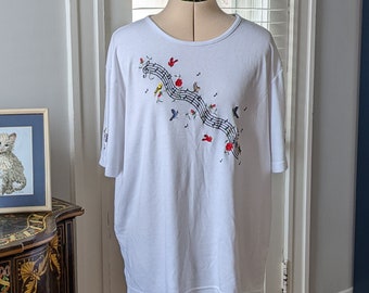 90s Birds and Music Notes White T-Shirt by Bon Worth