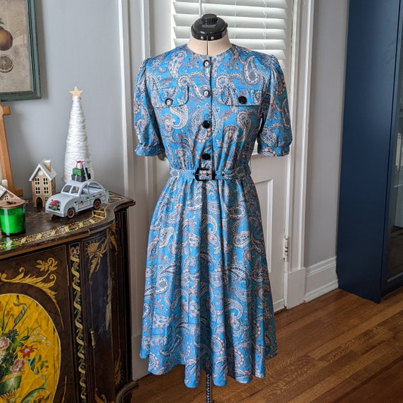 80s Blue Paisley Petite Midi Dress with Matching … - image 1