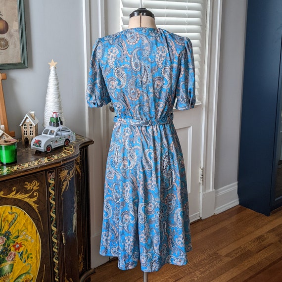 80s Blue Paisley Petite Midi Dress with Matching … - image 2