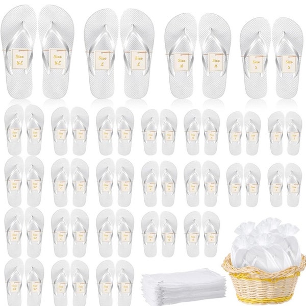 Bulk white flip flops with bags. Sizes small through X-Large. PACK of 24 pairs for listing price.