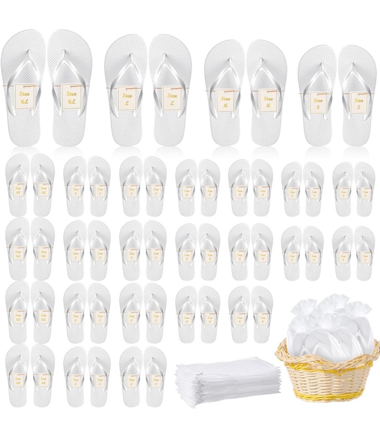 Bulk White Flip Flops With Bags. Sizes Small Through X-large. PACK of