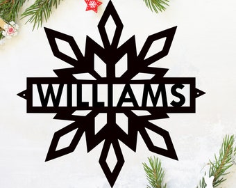 Winter Personalized Family Name Sign | Metal Holiday Door Hanger | Christmas Last Name Sign for Front Door | Snowflake Decor Door Wreath