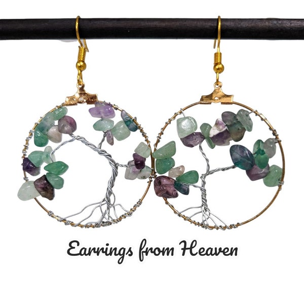 Handmade Earthy Gold Hoop Earrings with Wire-Wrapped Jade and Amethyst Stone Beads in a Tree Design