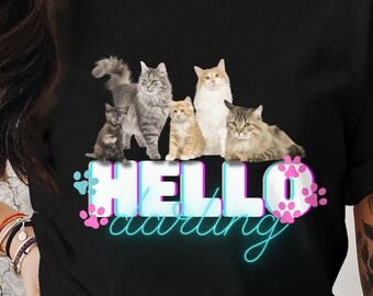 Cute Cat Tee PNG download, Hello Darling, Cat lovers, Coffee Mug PNG 11 oz included, great for seaters, tees, coffee Mug