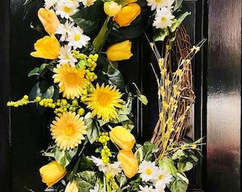 Custom Order XXL Elegant Silk Floral Easter Spring Wreath, Yellow Tulip, Daisy, Daffodil, Cascade Wreath, High-End, Designer, Farmhouse