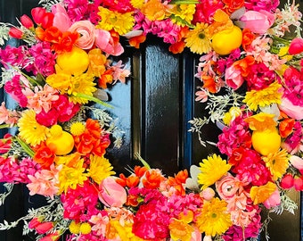 XXL 36In Luxury Pink Peony Wreath with Lemons Tulip Ranunculus Daisy Wreath for Front Door Elegant Pink Spring Summer Lemon Citrus Wreath