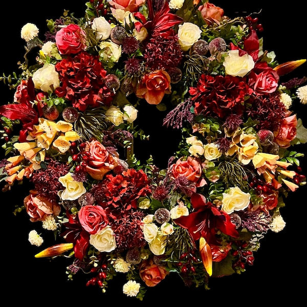 Custom Order XXL Tuscan Burgundy Floral Wreath: Hydrangea, Lily, Rose and Sugared Apple Wall Decor