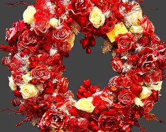 XL Valentines Day Rose Wreath: Red, Pink, White Frosted Roses & Heart Ornament Wreath