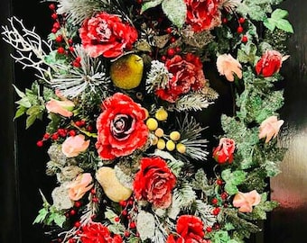 XL Luxury Glass Frosted Red and Peach Rose Valentine's Day Wreath: Flocked Evergreen Cascade Wreath