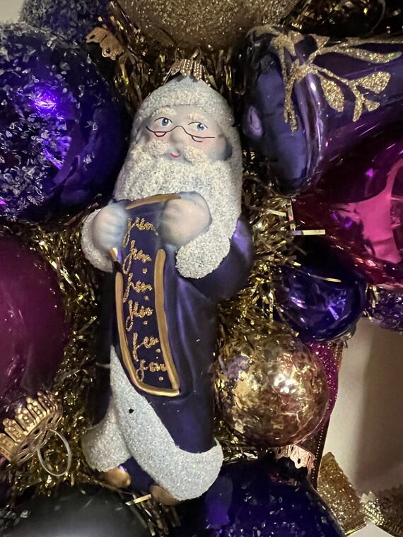 Vintage Glass Ornament Christmas Wreath: Purple & Gold, Santa