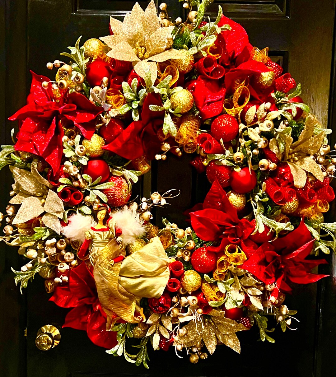 XXL Elegant Angel Christmas Wreath Red and Gold Poinsettias Glitter ...