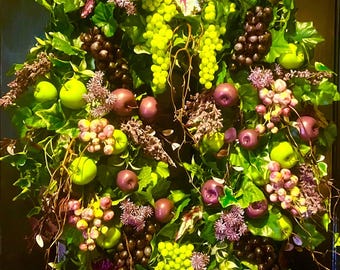 Corona de uvas y manzanas toscanas XXL hecha a medida: decoración rústica para puerta y pared con temática vinícola.