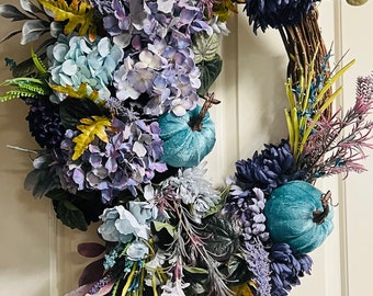 Made to Order XXL Elegant Blue & Purple Floral Cascade Wreath, Hydrangea Wreath, Velvet Pumpkin Wreath, Rustic, Farmhouse, Autumn Decor
