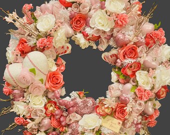 XL Pink Valentine's Day Wreath Romantic Rose and Heart Wreath with Vintage Ornaments