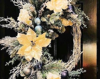 Sold-Custom Order XXL Elegant White Silk Floral Christmas Cascade Wreath, Poinsettia, Peony, Blue Glass Ornaments, Flocked Evergreen Wreath