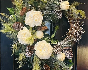 Custom Order XXL Elegant White Peony Cascade Wreath, Flocked Pinecones, Sugared Beaded Apple Wreath, Flocked Long Needle Pine Door Wreath