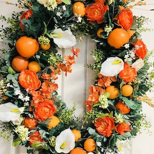 XXL 40In Ranunculus Lily and Orchid Wreath with Oranges Real Touch Floral Wreath Summer Citrus Orange Wreath for Kitchen Summer Fruit Wreath