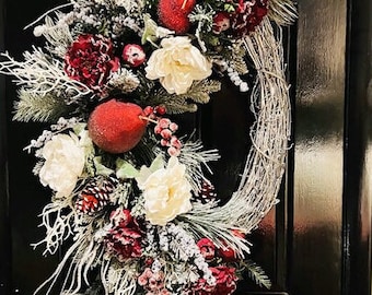 Sold-Custom Order XXL Elegant Red White Peony Cascade Wreath Winter Valentines Day Wreath Beaded Pear Pinecone Flocked Pine Wreath Glam Swag