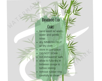 Bamboo Lid care instructions for glass tumblers - full sheet (8) or single printable png