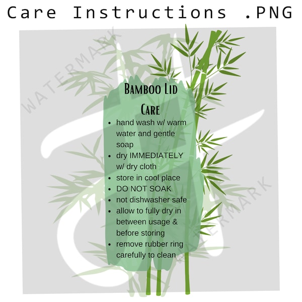 Bamboo Lid care instructions for glass tumblers - full sheet (8) or single printable png