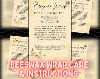 Printable Care Card for Beeswax Wraps | Reusable Beeswax Wrap Care and Instructions | Instant Download | Print & Cut Out | Downloadable PDF
