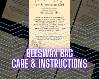 Printable Care Card for Beeswax Bags | Reusable Beeswax Bag Care and Instructions | Instant Download | Print & Cut Out | Downloadable PDF