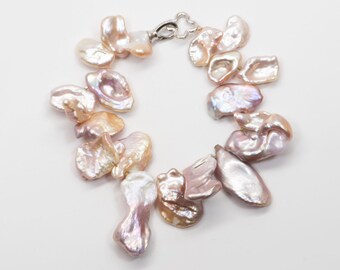 Large Pink Lavender Petal Pearl Bracelet with Sterling Silver Gold Vermail Clasp Freshwater Baroque Feminine Soft Colors OOAK Unique R2043