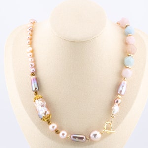 Pink Lavender Mixed Pearl and Aquamarine Morganite Gemstone Necklace Unique Modern Design Birthday Anniversary Gift for Her OOAK P1026