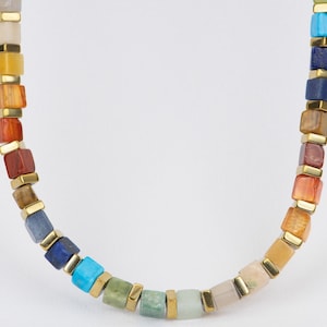 Rainbow Gemstone Square Bead Necklace Bracelet 14K Gold Filled Hook Clasp with Extension Chain OOAK Natural Neck Layering Gift for Her R4197