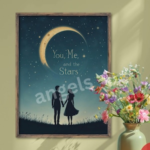 You Me and the Stars Digital Art Print, Romantic Starry Night Wall Decor, Couple Anniversary Gift, Moon and Stars Printable