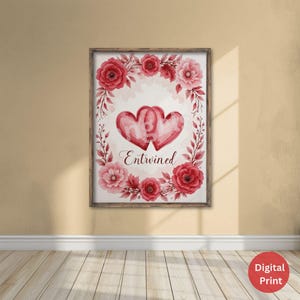 Entwined Heart Wall Art, Romantic Love Digital Print, Floral Heart Illustration, Wedding Anniversary Gift, Red Heart Printable