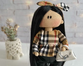 Claire Crochet Doll, Black Hair Doll, Rag Doll, Unique Hand-knitted Soft Doll, Nursery Decor, Perfect Gift for Kids