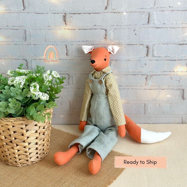 Fox Tilda Doll - 42 cm, Red Fox in Dress, Handmade Fabric Toy, Stuffed Animal Toys, Nursery Decor, Perfect Gift for Kids