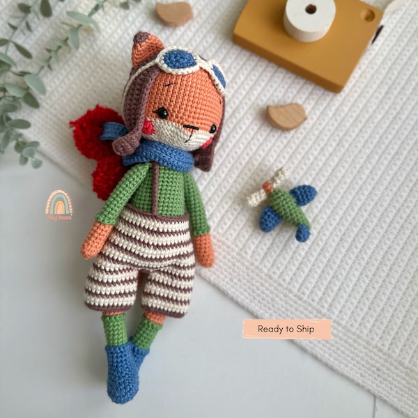 Sky Fox Crochet Toy, Fox With Plane Plush Toy, Hand-knitted Fox Toy, Amigurumi Animal Soft Toys, Perfect Gift for Kids