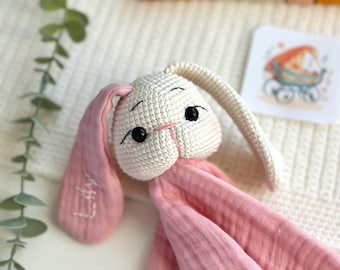 Personalised Bunny Organic Cotton Muslin Baby Comforter, Bunny Sleep Friend, Organic Baby Sleeping Companion, Baby First Toy, Gift for Baby