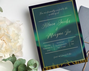 Aurora Borealis Gold Wedding invitation template | Editable template | 5x7 | Downloadable Invitation | Northern lights