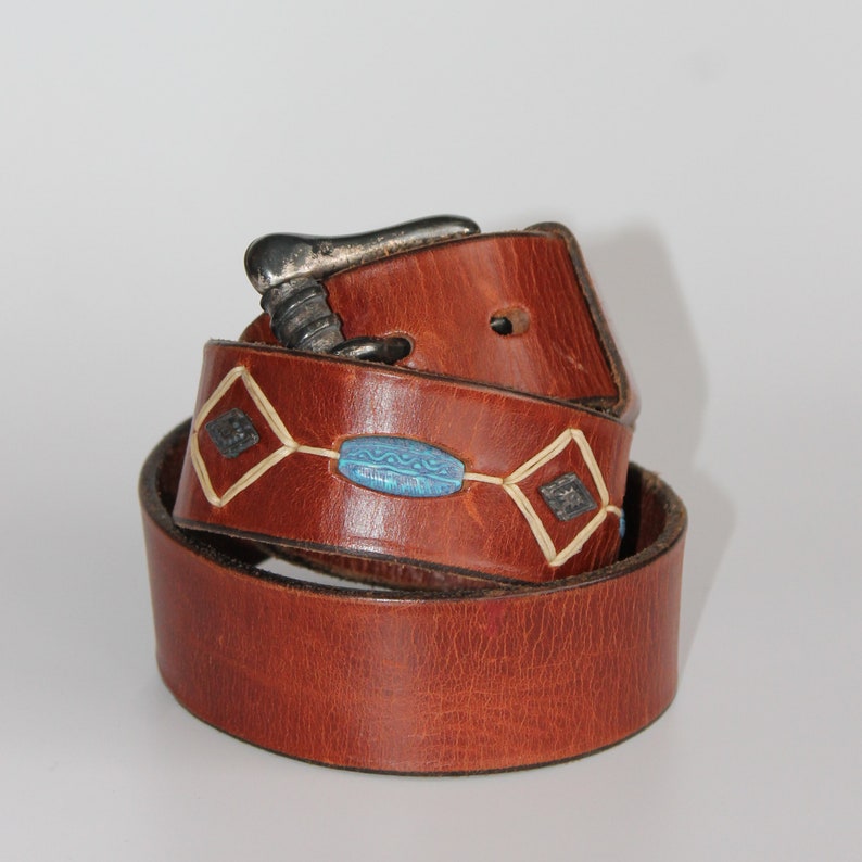 1990s Vintage Turquoise Stone Italian Leather Belt 34 image 6
