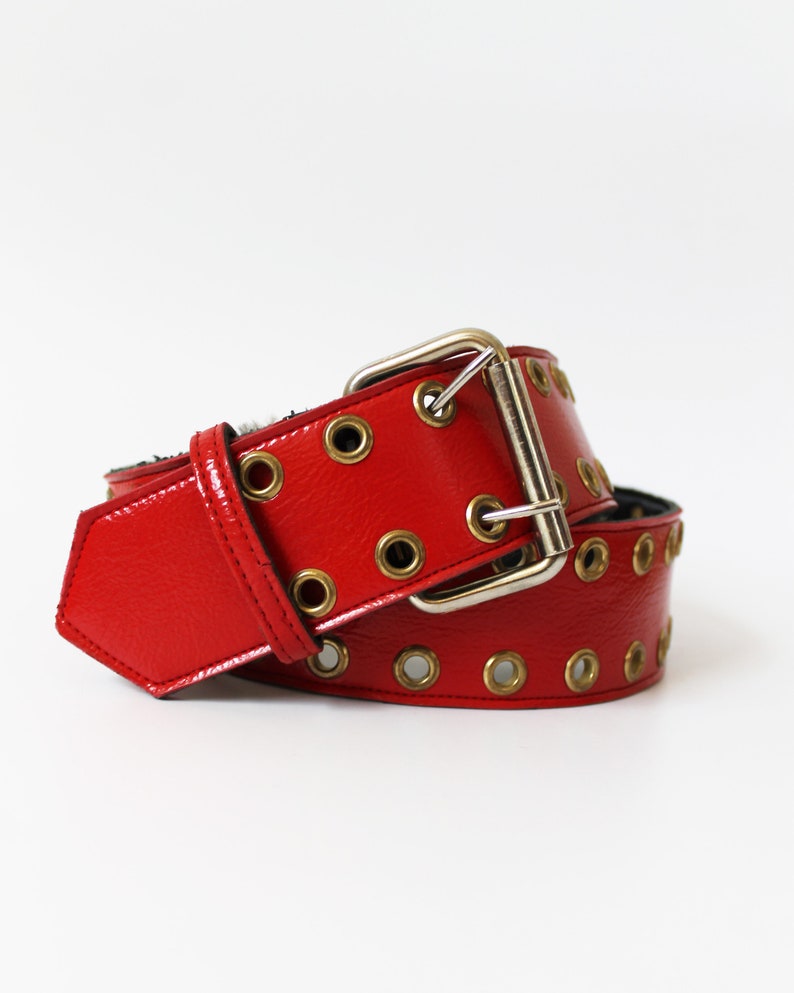 80's Vintage Genuine Patent Leather Red Grommet Waist Belt UP TO 40 Etsy