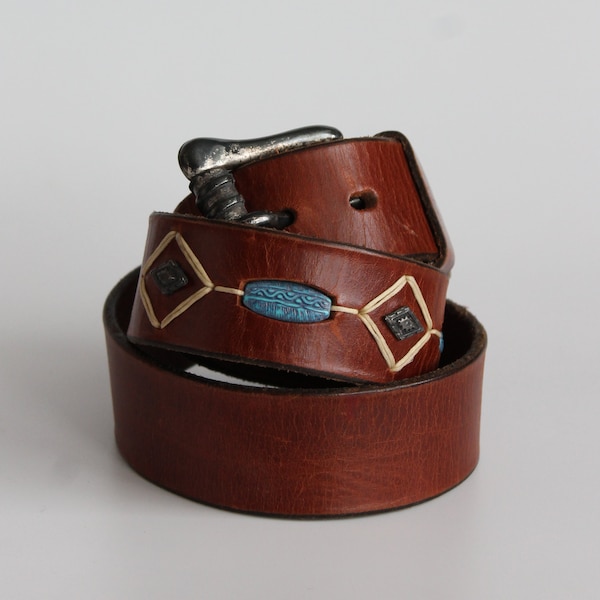 1990s Vintage Turquoise Stone Italian Leather Belt ~ 34"