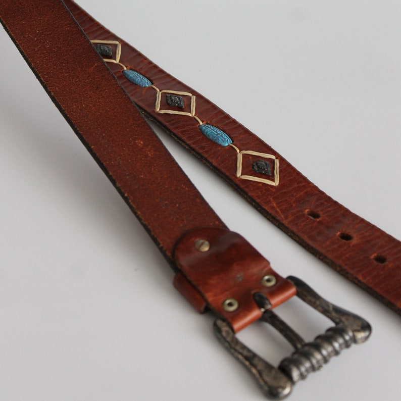 1990s Vintage Turquoise Stone Italian Leather Belt 34 image 3