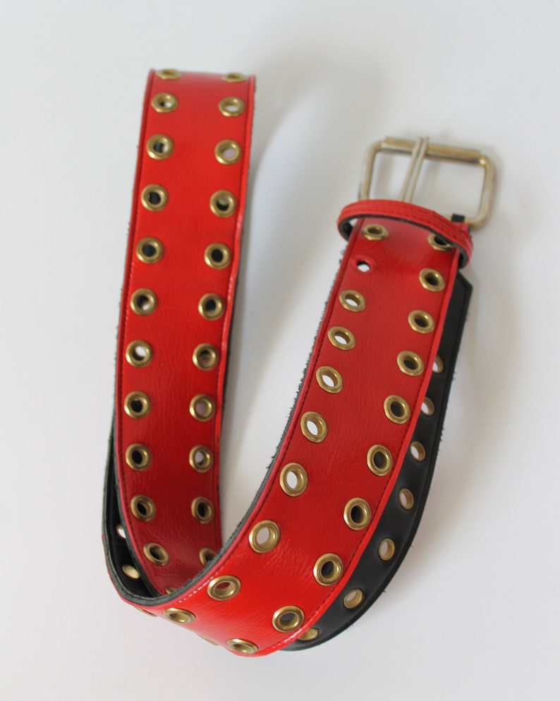 80's Vintage Genuine Patent Leather Red Grommet Waist Belt UP TO 40 Etsy