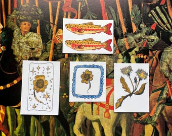May include: A collection of four rectangular stickers featuring illustrations: two identical trout with red stripes, a gold four-leaf clover surrounded by stars, a gold four-leaf clover in a blue scalloped frame, and a gold dandelion flower.