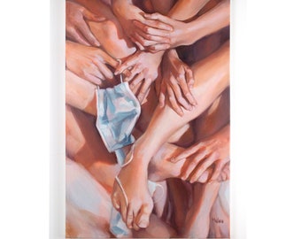 original oil painting, figurative art, hands and feet, Corona "2021"