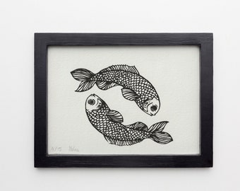 Original art print, screen printing, zodiac sign fish