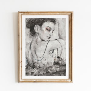 Arte originale dell'acquerello, ritratto in bianco e nero
