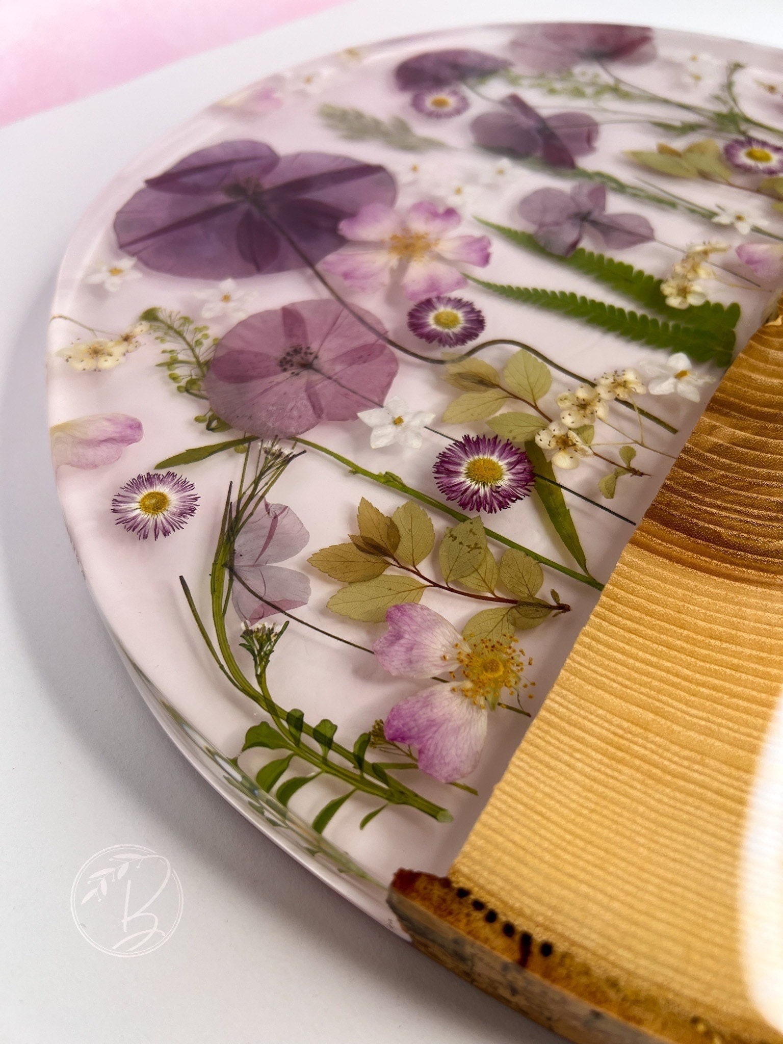 Wood and Resin Board With Dried Flowers - Live Edge - Handmade